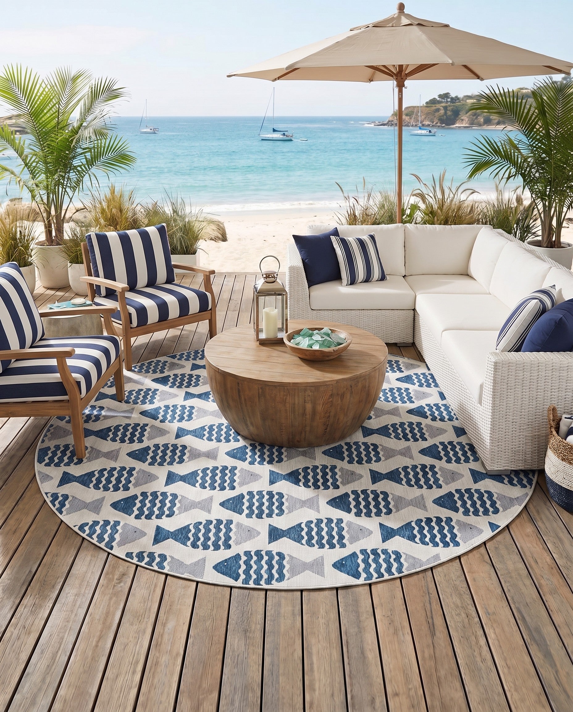 Navy Blue Easy-Clean Coastal Indoor / Outdoor Round Rug