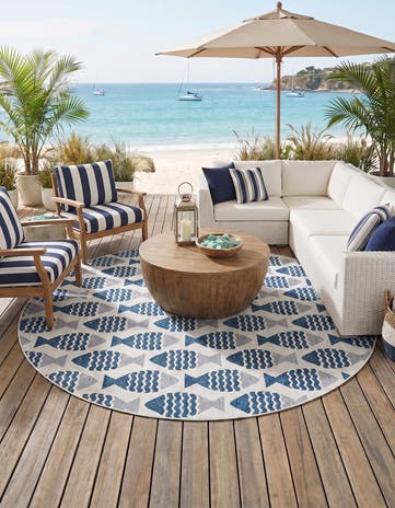 Navy Blue Easy-Clean Coastal Indoor / Outdoor Round Rug