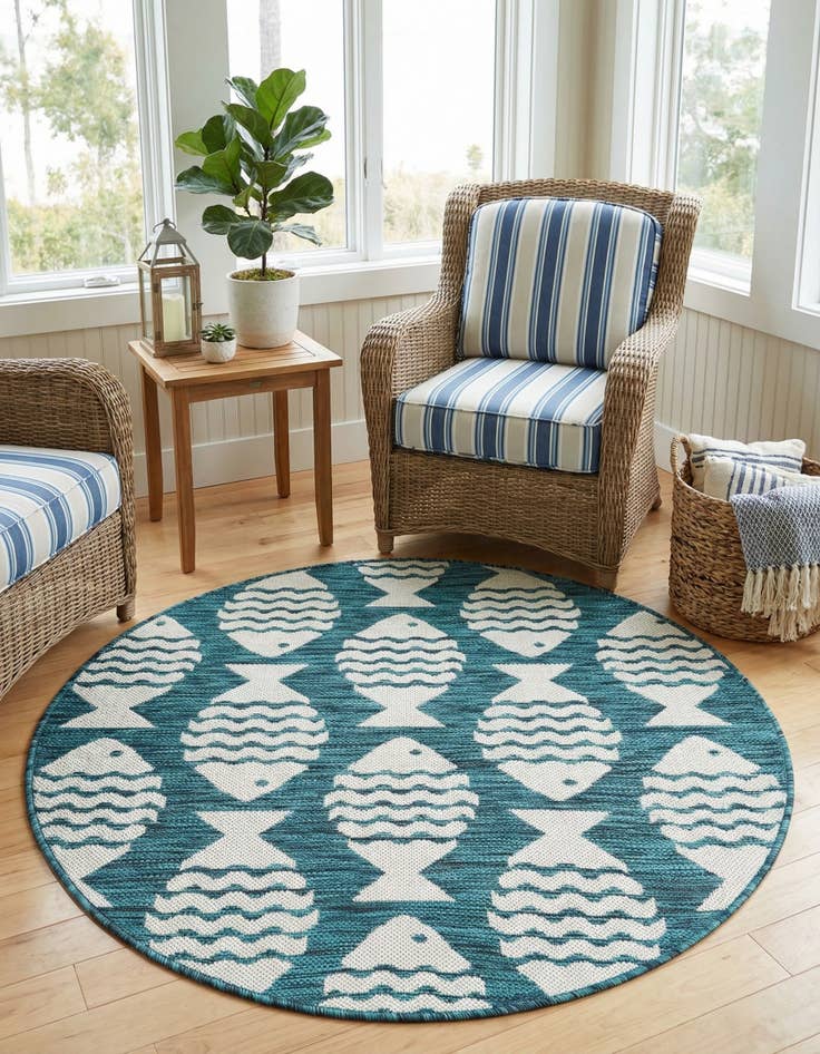 Detail image of 3' 1 x 3' 1  Washable Coastal Indoor / Outdoor Round Rug