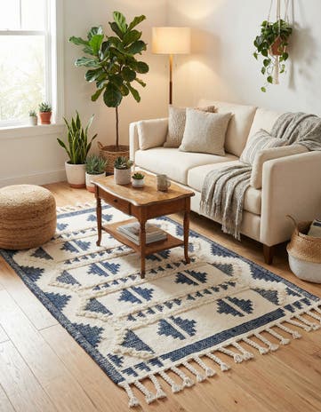 Navy Blue and White Hand Woven Arizona Wool Rug