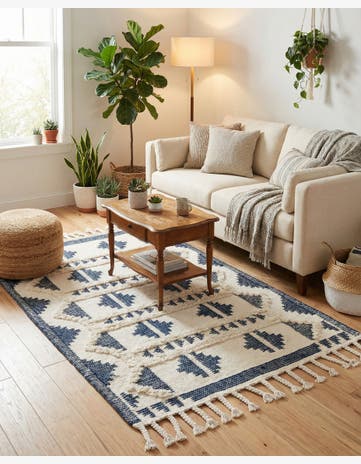 Navy Blue and White Hand Woven Arizona Wool Rug