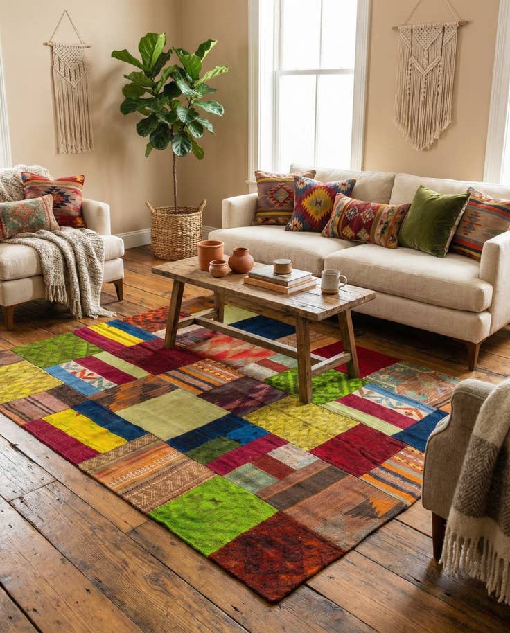 Detail image of 5' 3 x 7' 7 Hand Woven Kilim Patchwork Wool Rug