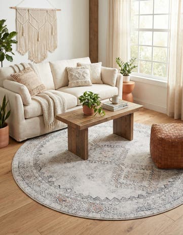 Ivory and Beige Washable Yara Round Rug