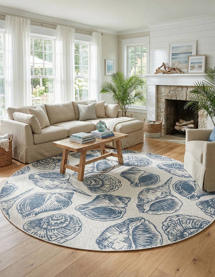 Detail image of 10' x 10'  Washable Coastal Indoor / Outdoor Round Rug