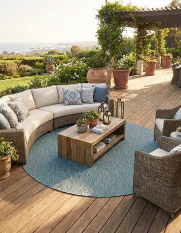 Teal Easy-Clean Solid Indoor / Outdoor Round Rug