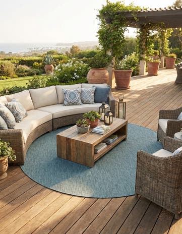 Teal Easy-Clean Solid Indoor / Outdoor Round Rug