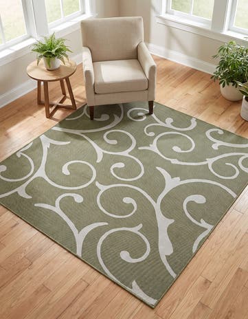 Green Easy-Clean Botanical Indoor / Outdoor Square Rug