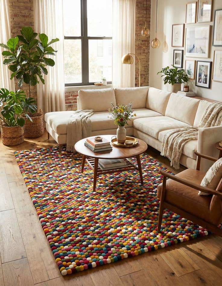 Detail image of  6' 1 x 9' Felt Ball Wool Rug