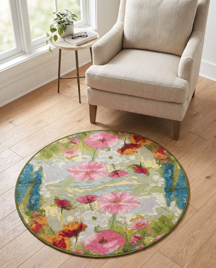 Detailansicht von 95cm x 95cm Leicht zu reinigen Botanical Innen- / Aussenbereich Rund Teppich
