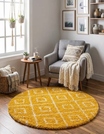 Yellow Lattice Shag Round Rug