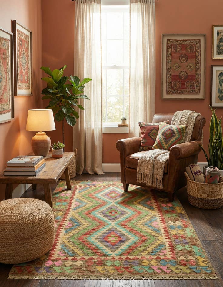 Detail image of 4' 1 x 5' 10  Hand Woven Kilim Maymana Wool Rug