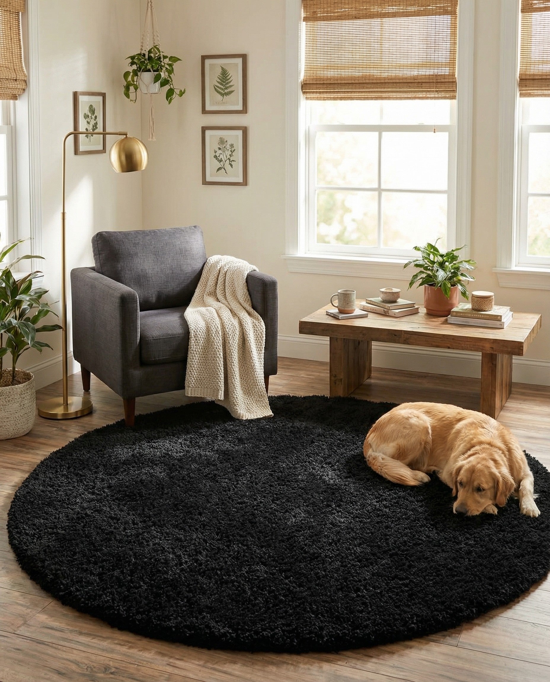 A soft, plush 5' 3 round black shag rug with a textured pile, perfect for adding comfort to any indoor space.
