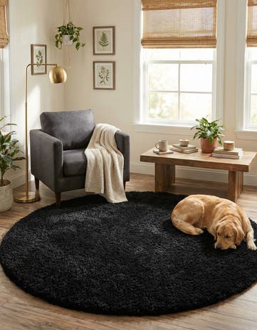 Jet Black Solid Shag Round Rug