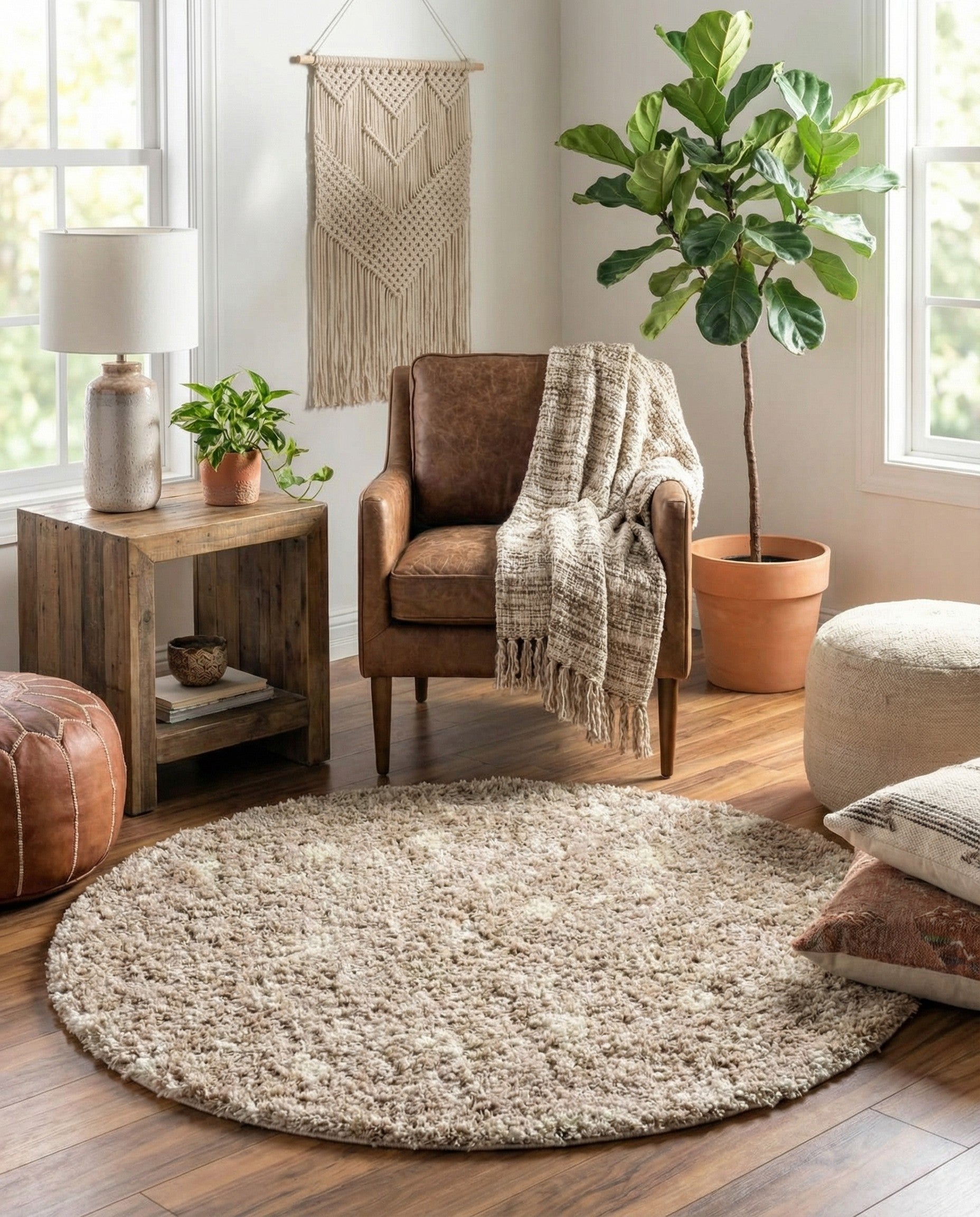 A 3' 0 x 3' 0 round shag rug in varying shades of brown and tan, featuring a subtle tribal pattern.