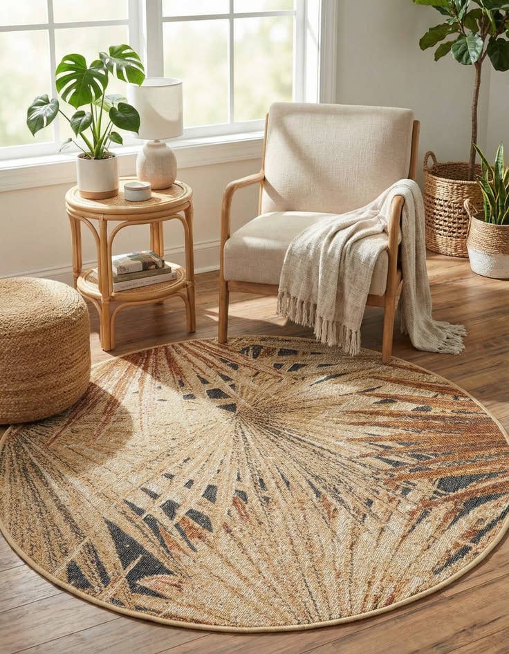 Detail image of 3' x 3'  Washable Botanical Indoor / Outdoor Round Rug
