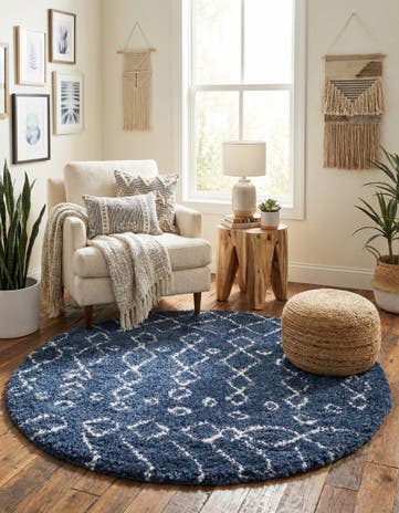 Navy Blue Moroccan Shag Round Rug