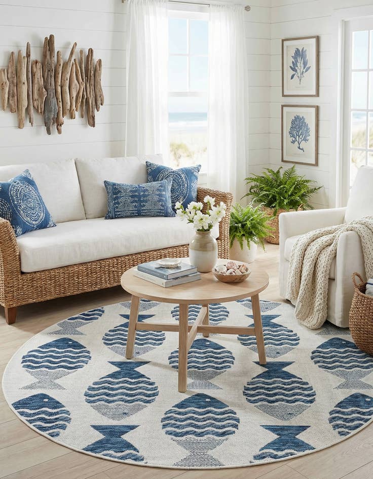 Detail image of 5' 3 x 5' 3  Washable Coastal Indoor / Outdoor Round Rug