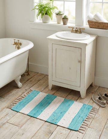 Turquoise and Ivory Hand Woven Chindi Rag Rug