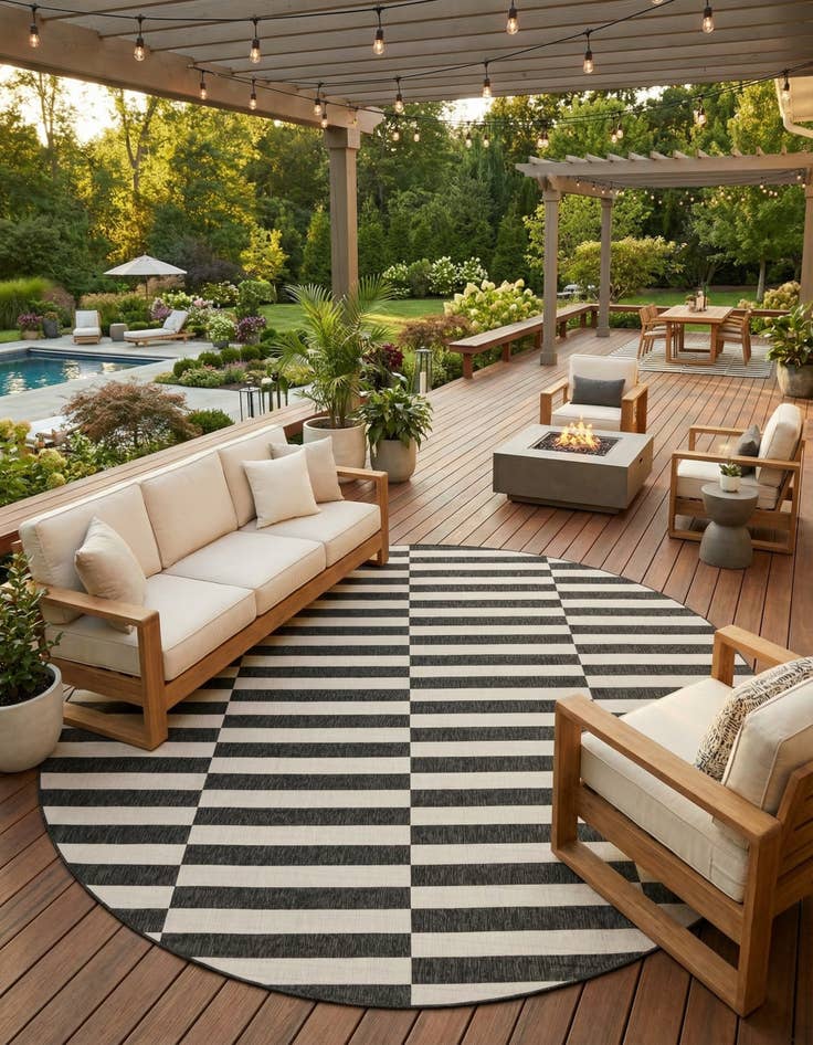 Detail image of 13' x 13' Easy-Clean Striped Indoor / Outdoor Round Rug