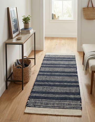 Navy Blue Hand Woven Lariat Runner Rug