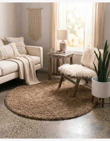 Sandy Brown Solid Shag Round Rug