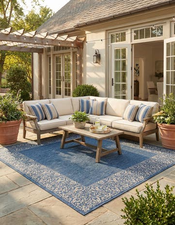 Blue Easy-Clean Border Indoor / Outdoor Square Rug
