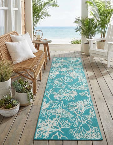 Teal Easy-Clean Coastal Indoor / Outdoor Runner Rug
