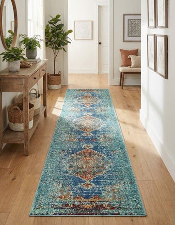 Turquoise Washable Carnevale Runner Rug