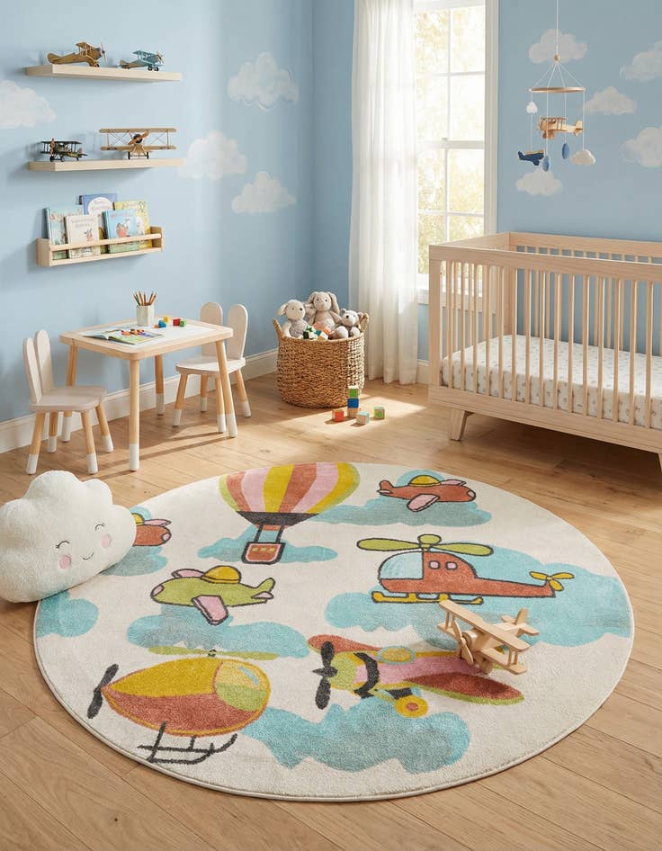 Detail image of 7' 10 x 7' 10 Airplanes Whimsy Kids Round Rug