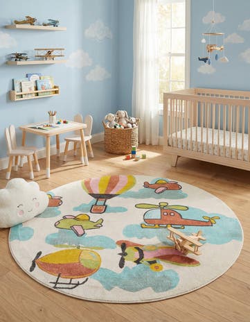 7' 10 x 7' 10 Airplanes Whimsy Kids Round Rug