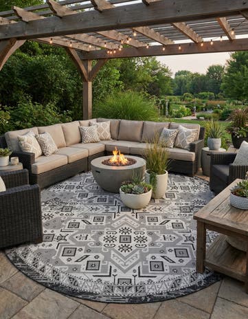 Charcoal Gray Easy-Clean Aztec Indoor / Outdoor Round Rug