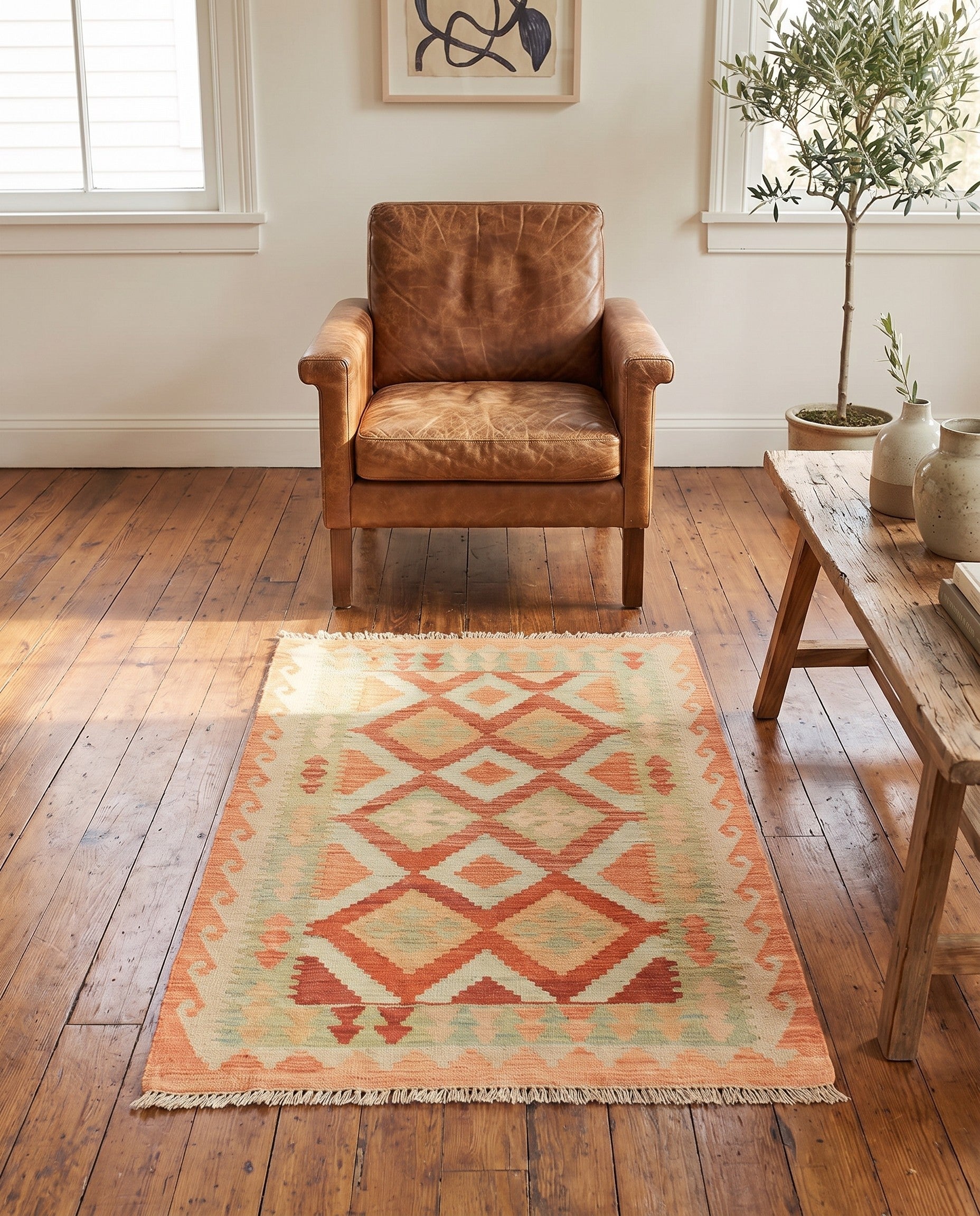 2' 9 x 4' 2 Hand Woven Kilim Waziri Wool Rug