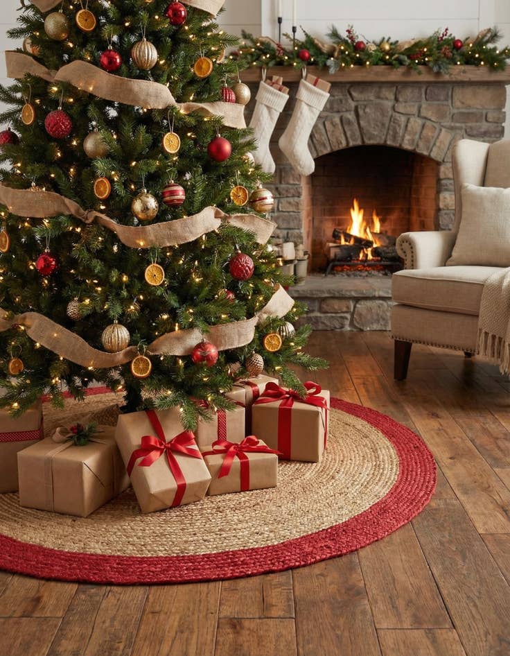 Detail image of 4' 1 x 4' 1  Hand Braided Christmas Tree Skirt