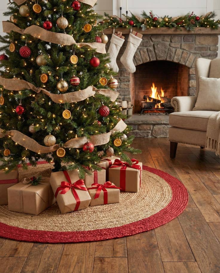 Detail image of 4' 1 x 4' 1 Hand Braided Christmas Tree Skirt