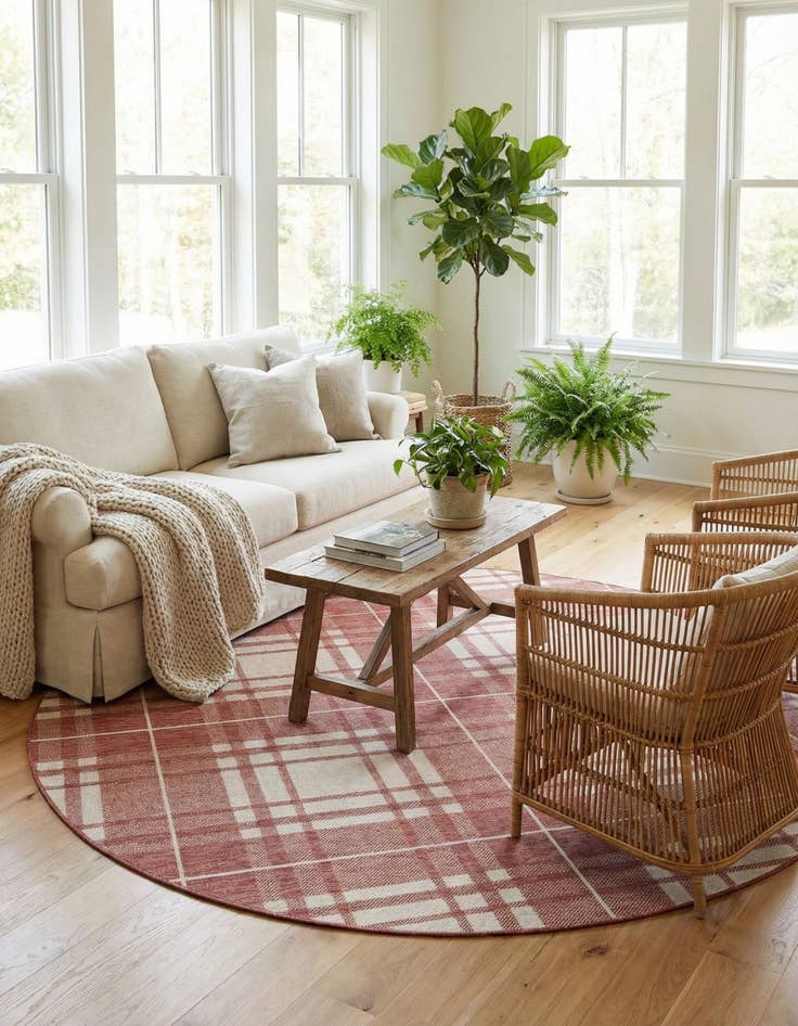 Detail image of  7' 10 x 7' 10  Washable Checkered Indoor / Outdoor Round Rug