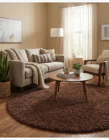 Chocolate Brown Solid Shag Round Rug