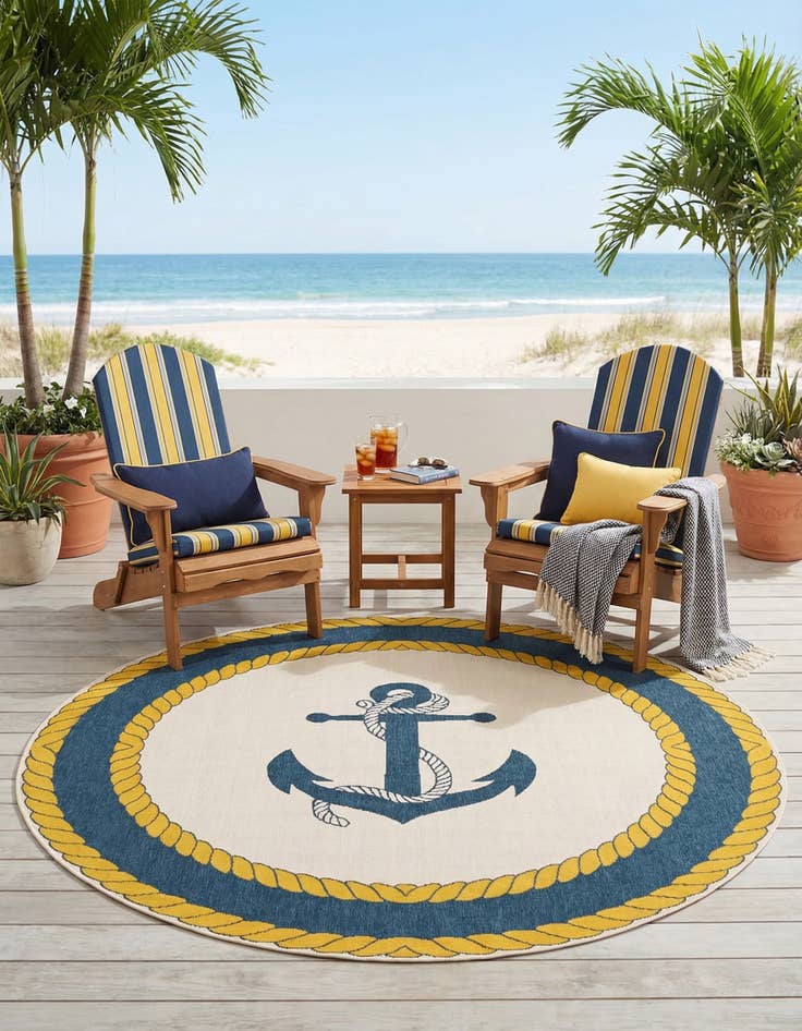Detail image of 7' x 7'  Washable Coastal Indoor / Outdoor Round Rug