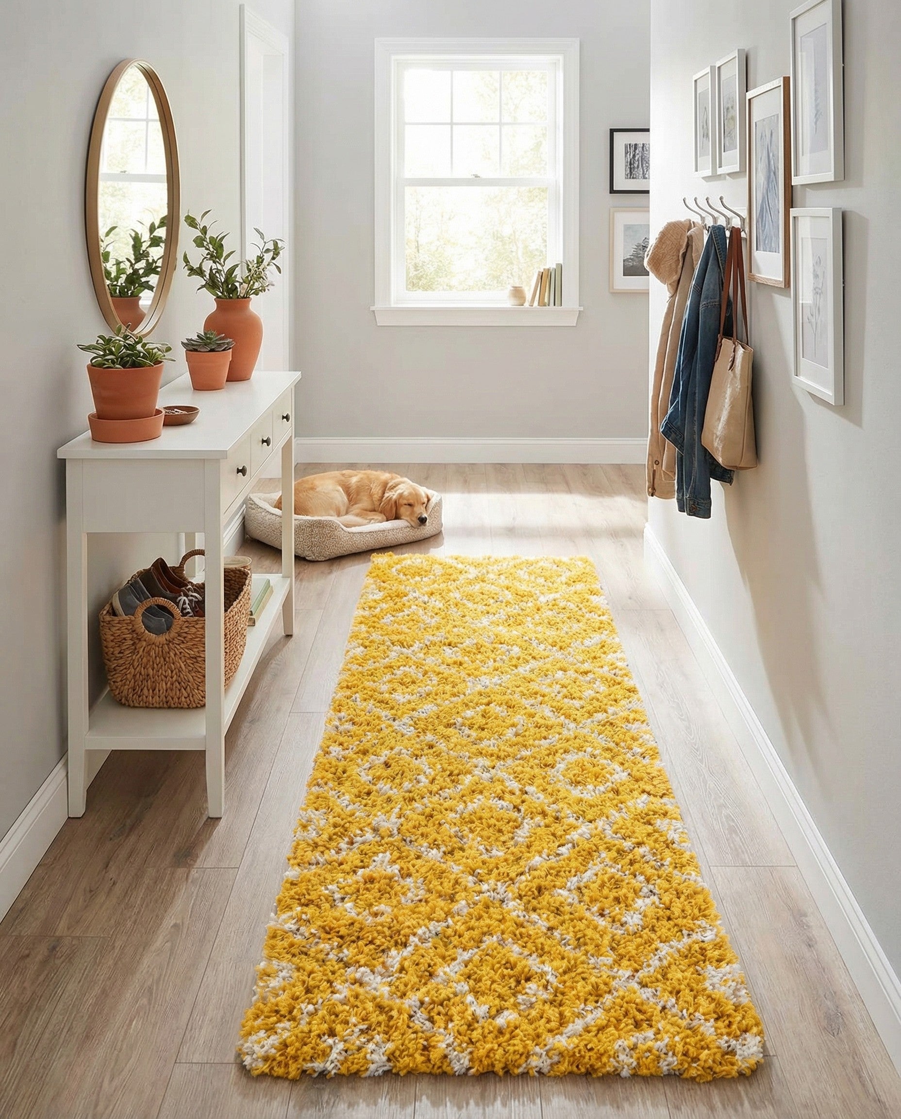 A 6 ft yellow and white runner rug with a modern geometric lattice pattern and high-low shag pile.