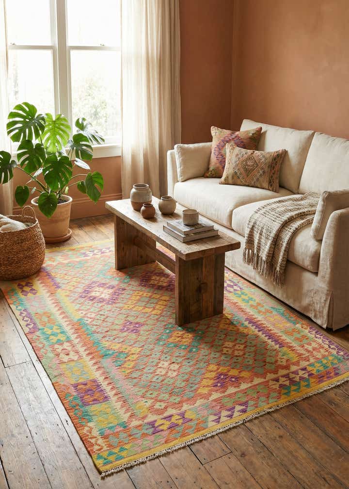 4' 9 x 6' 3 Hand Woven Kilim Maymana Wool Rug