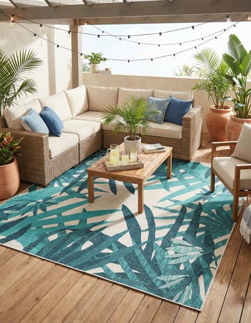 Teal blue Easy-Clean Botanical Indoor / Outdoor Square Rug