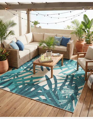 Teal blue Easy-Clean Botanical Indoor / Outdoor Square Rug