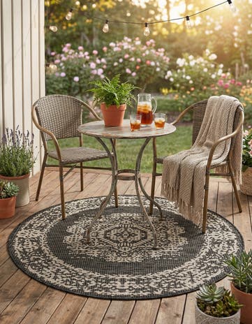 Charcoal Gray Easy-Clean Traditional Indoor / Outdoor Round Rug