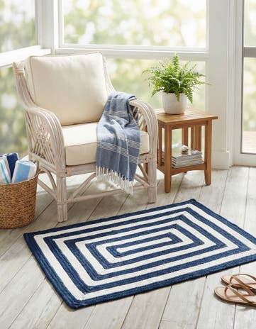 Navy Blue and White Easy-Clean Eco Verse Washable Indoor / Outdoor Rug