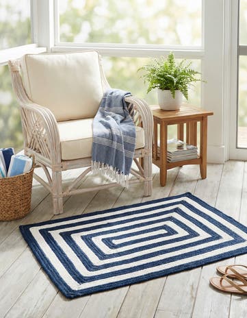 Navy Blue and White Easy-Clean Eco Verse Washable Indoor / Outdoor Rug