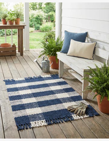 Navy Blue Easy-Clean Eco Plaid Washable Indoor / Outdoor Rug