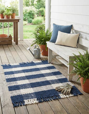 Navy Blue Easy-Clean Eco Plaid Washable Indoor / Outdoor Rug