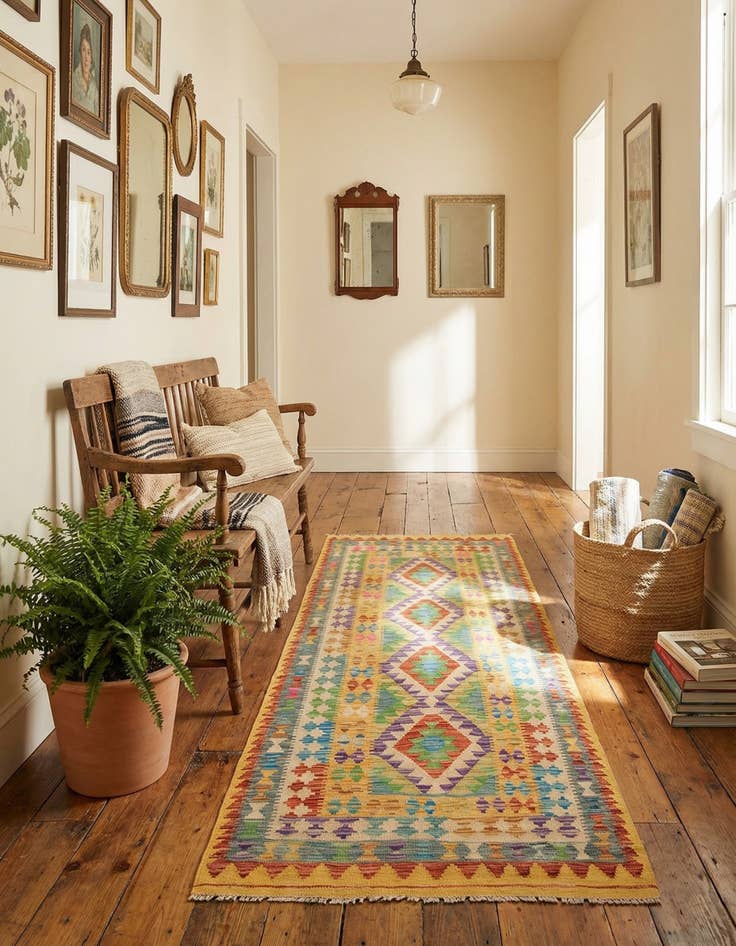 Detail image of 3' 2 x 6' 4  Hand Woven Kilim Maymana Wool Runner Rug