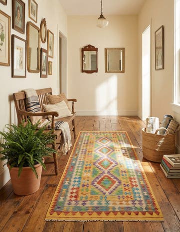 3' 2 x 6' 4 Hand Woven Kilim Maymana Wool Runner Rug