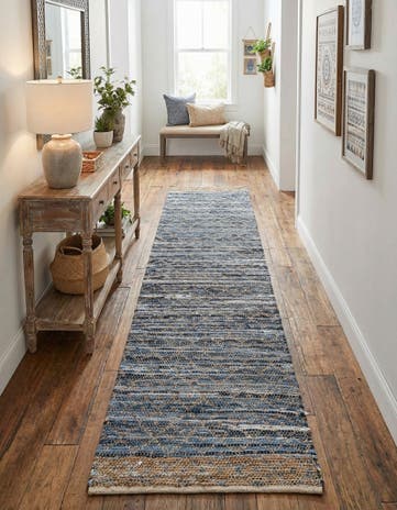 Denim blue Hand Woven Chindi Trellis Runner Rug