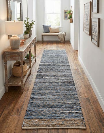 Denim blue Hand Woven Chindi Trellis Runner Rug